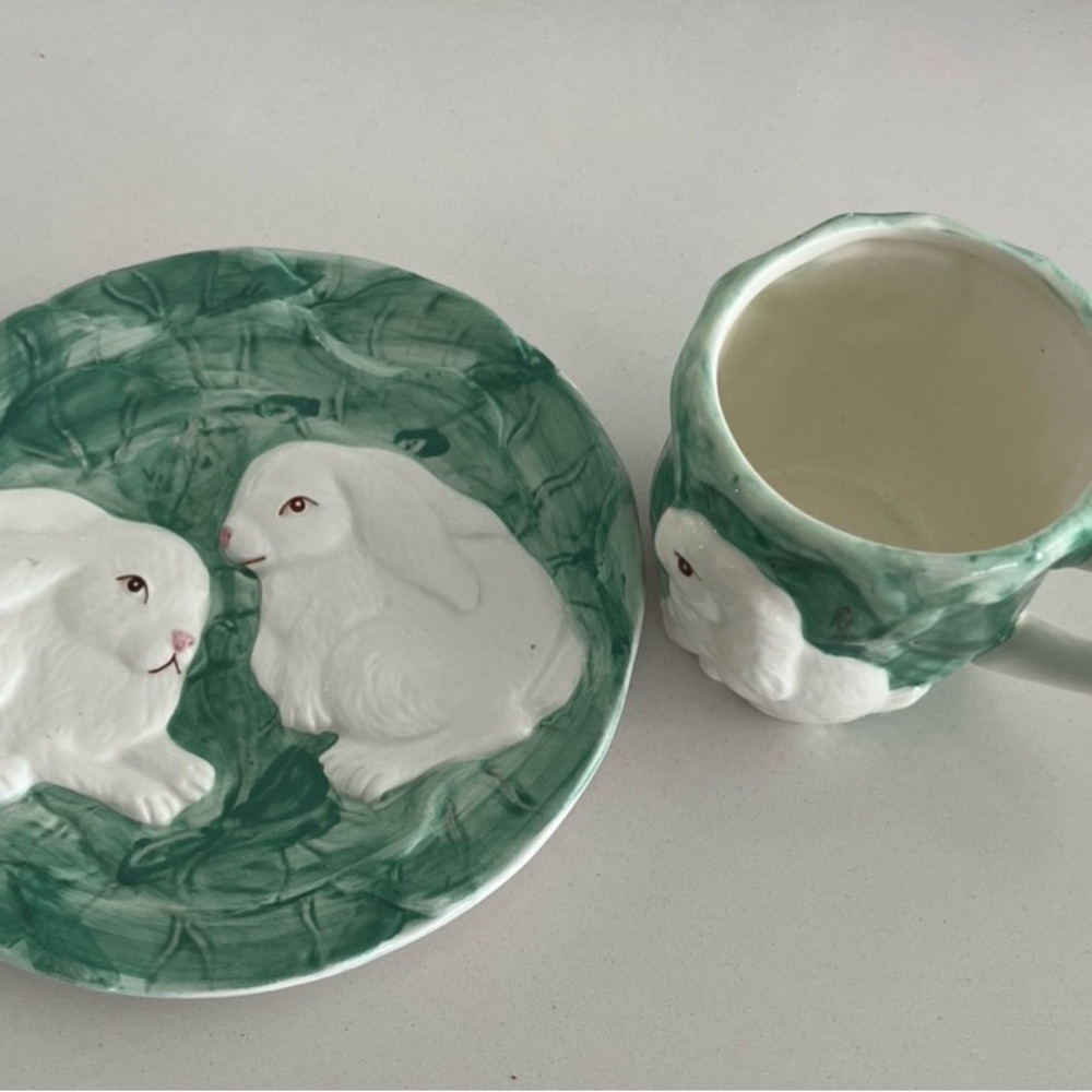 Ceramic Bunny Plate and Mug Set - Green and White